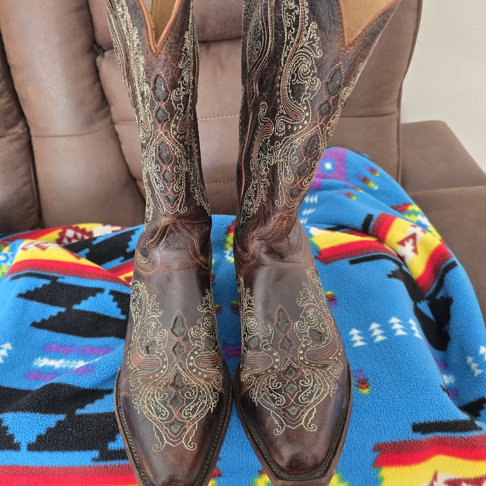 Shyanne Brown Heeled Boots with Gold Embroidery